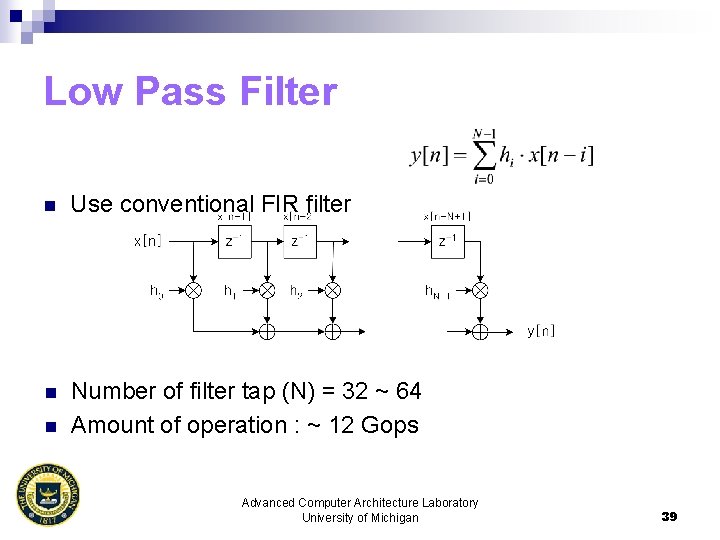 Low Pass Filter n Use conventional FIR filter n Number of filter tap (N)