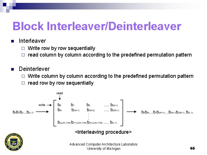 Block Interleaver/Deinterleaver n Interleaver Write row by row sequentially ¨ read column by column