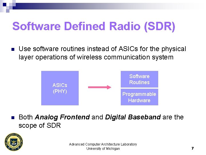 Software Defined Radio (SDR) n Use software routines instead of ASICs for the physical