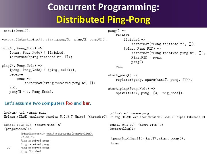 Concurrent Programming: Distributed Ping-Pong Let’s assume two computers foo and bar. 20 