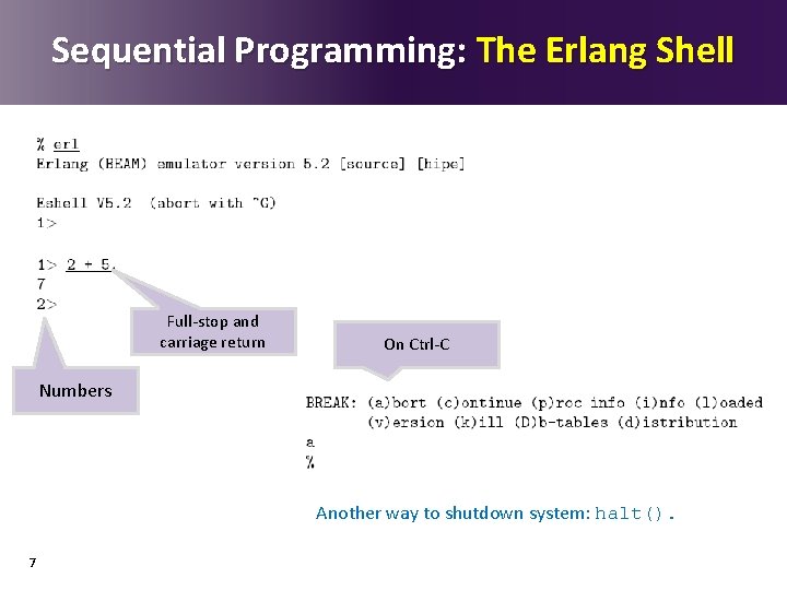 Sequential Programming: The Erlang Shell Full-stop and carriage return On Ctrl-C Numbers Another way