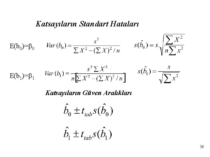 Katsayıların Standart Hataları E(b 0)= 0 E(b 1)= 1 Katsayıların Güven Aralıkları 36 