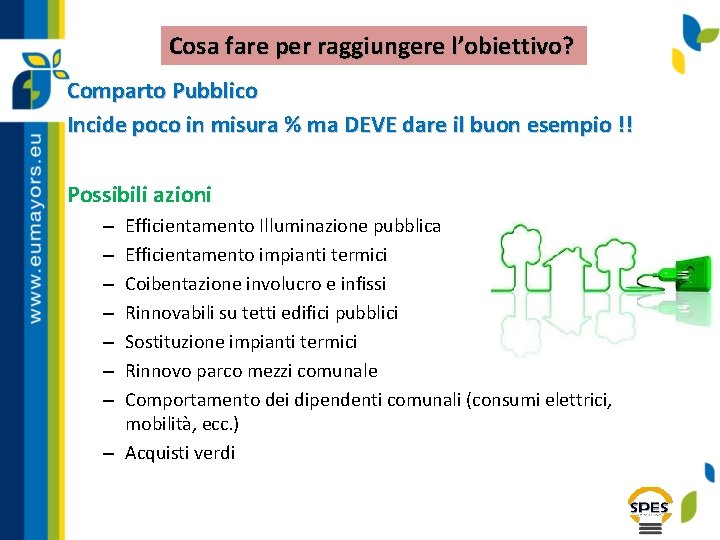 Cosa fare per raggiungere l’obiettivo? Comparto Pubblico Incide poco in misura % ma DEVE