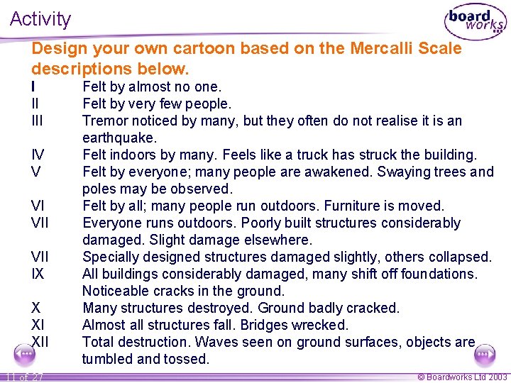 Activity Design your own cartoon based on the Mercalli Scale descriptions below. I II