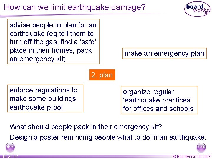 How can we limit earthquake damage? advise people to plan for an earthquake (eg