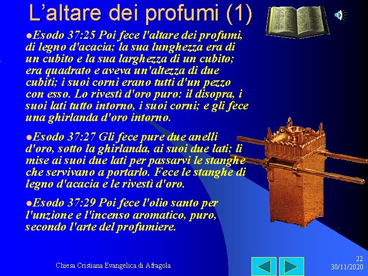 L’altare dei profumi (1) l. Esodo 37: 25 Poi fece l'altare dei profumi, di