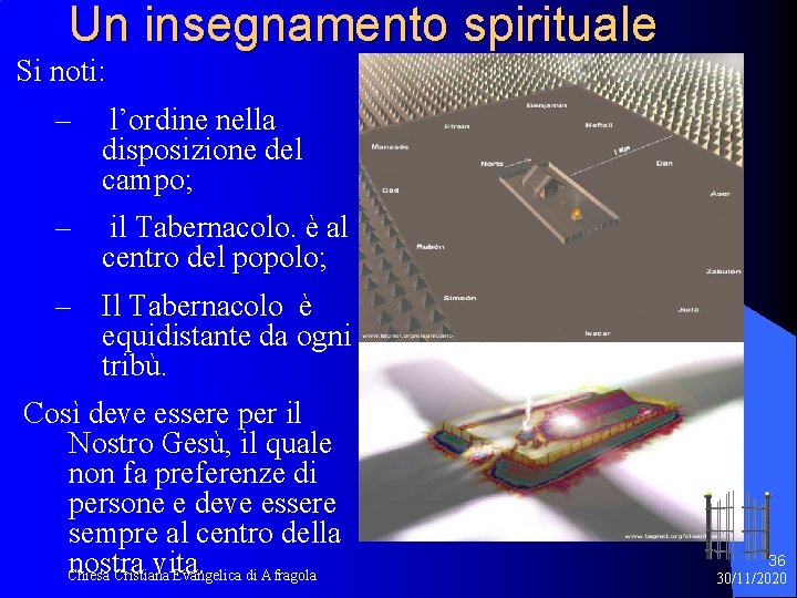 Un insegnamento spirituale Si noti: – l’ordine nella disposizione del campo; – il Tabernacolo.