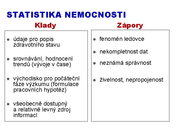 STATISTIKA NEMOCNOSTI Zápory Klady l údaje pro popis zdravotního stavu l srovnávání, hodnocení trendů