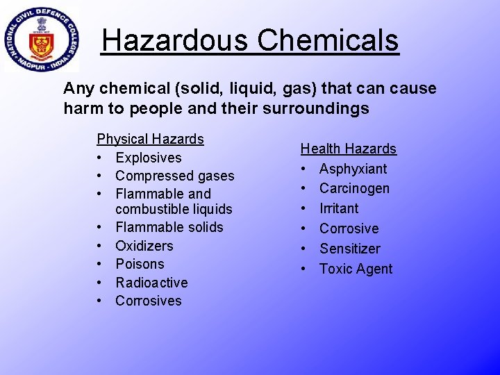 Hazardous Chemicals Any chemical (solid, liquid, gas) that can cause harm to people and