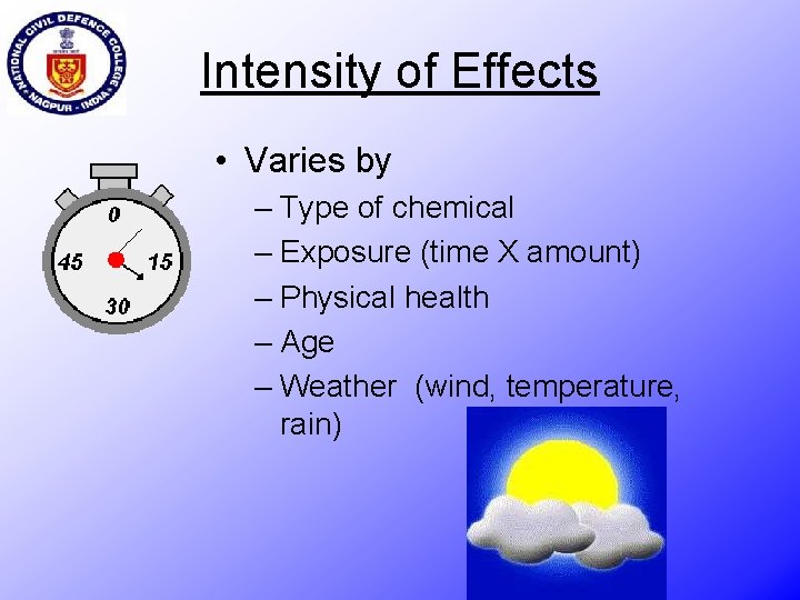 Intensity of Effects • Varies by – Type of chemical – Exposure (time X