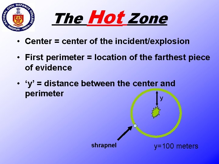 The Hot Zone • Center = center of the incident/explosion • First perimeter =