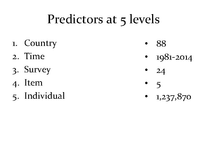 Predictors at 5 levels 1. 2. 3. 4. 5. Country Time Survey Item Individual