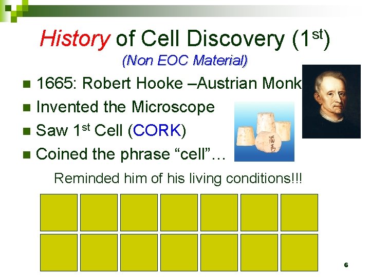 History of Cell Discovery (1 st) (Non EOC Material) 1665: Robert Hooke –Austrian Monk