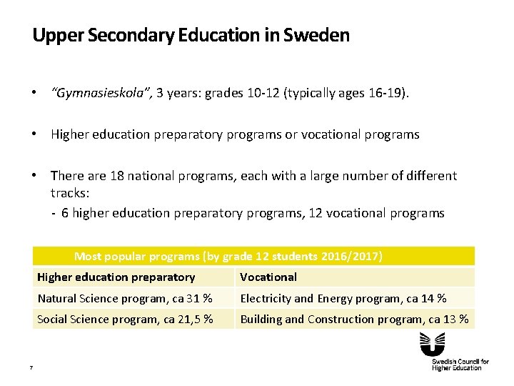 Upper Secondary Education in Sweden • “Gymnasieskola”, 3 years: grades 10 -12 (typically ages