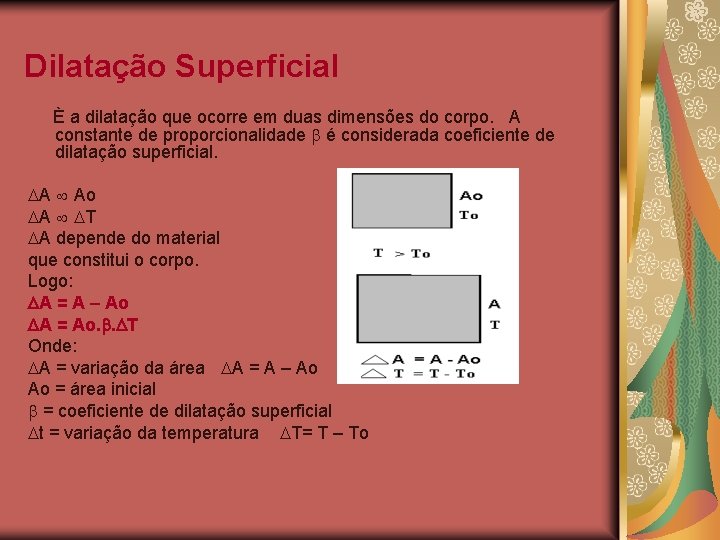 Dilatação Superficial È a dilatação que ocorre em duas dimensões do corpo. A constante