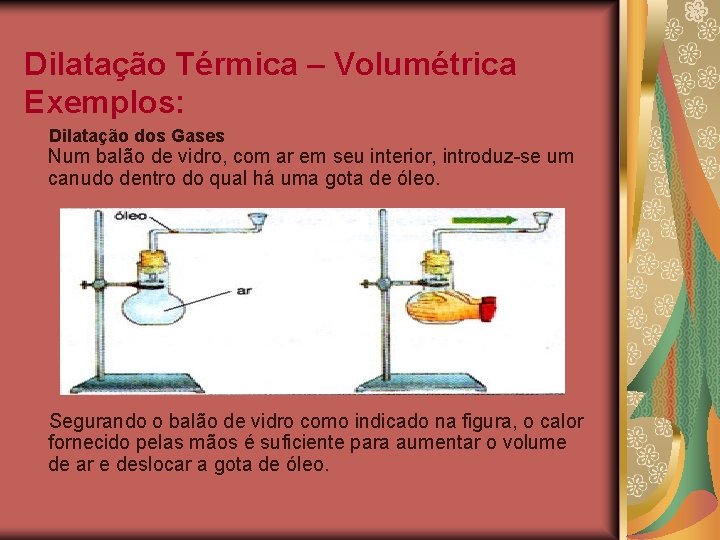 Dilatação Térmica – Volumétrica Exemplos: Dilatação dos Gases Num balão de vidro, com ar