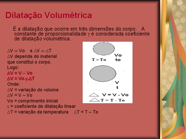 Dilatação Volumétrica È a dilatação que ocorre em três dimensões do corpo. A constante