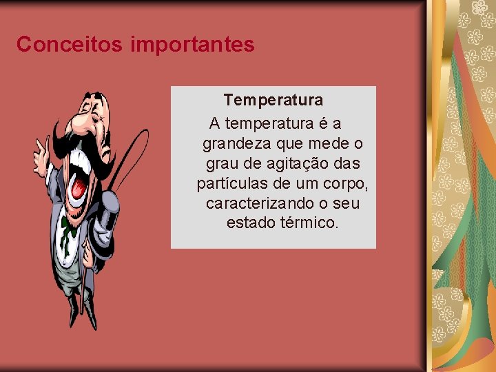 Conceitos importantes Temperatura A temperatura é a grandeza que mede o grau de agitação