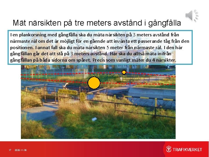 Mät närsikten på tre meters avstånd i gångfålla I en plankorsning med gångfålla ska