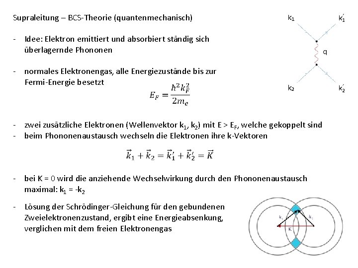 Supraleitung – BCS-Theorie (quantenmechanisch) - Idee: Elektron emittiert und absorbiert ständig sich überlagernde Phononen
