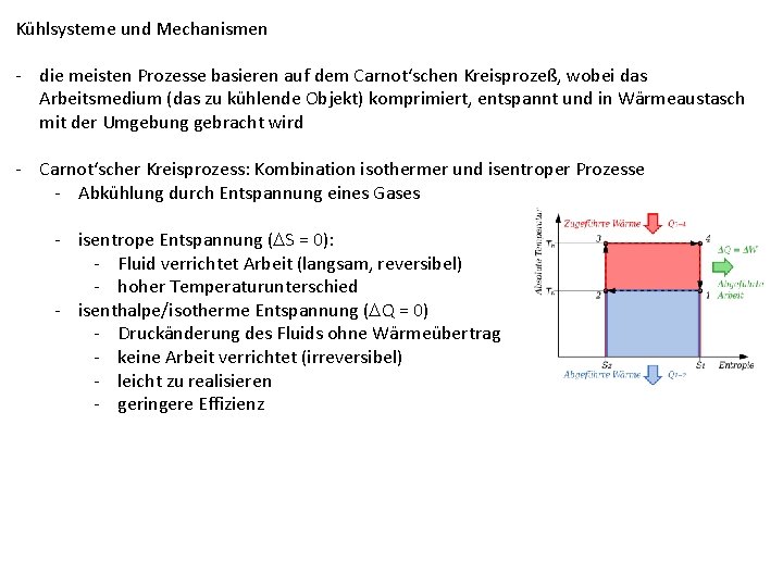 Kühlsysteme und Mechanismen - die meisten Prozesse basieren auf dem Carnot‘schen Kreisprozeß, wobei das