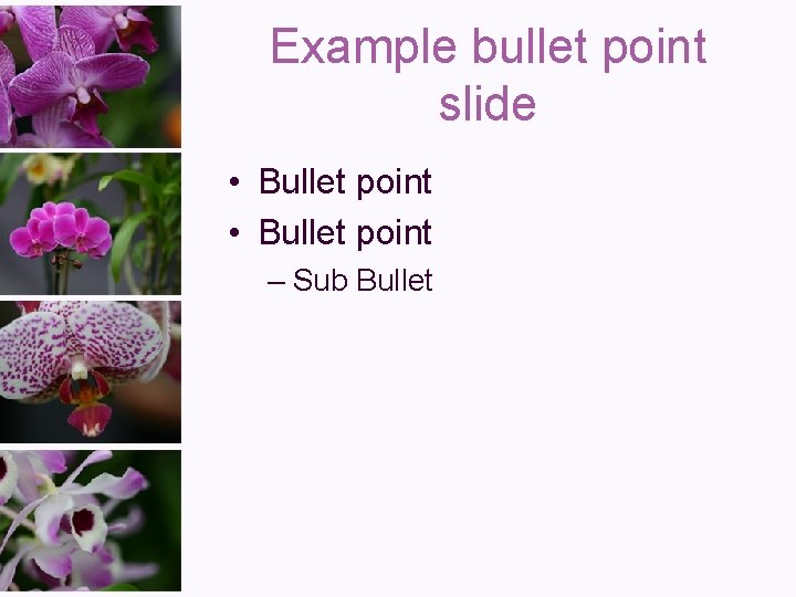Example bullet point slide • Bullet point – Sub Bullet 