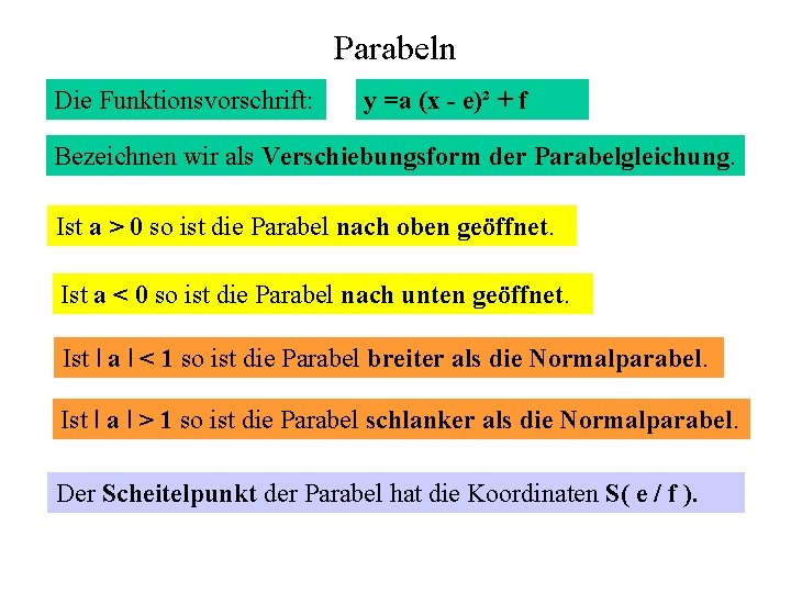 Parabeln Die Funktionsvorschrift: y =a (x - e)² + f Bezeichnen wir als Verschiebungsform