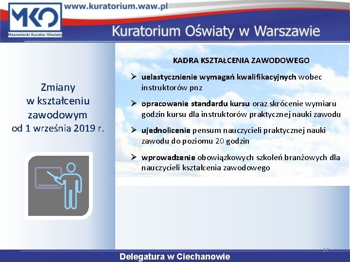 KADRA KSZTAŁCENIA ZAWODOWEGO Zmiany w kształceniu zawodowym od 1 września 2019 r. Ø uelastycznienie