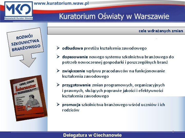  ROZWÓJ CTWA SZKOLNI GO WE BRANŻO cele wdrażanych zmian Ø odbudowa prestiżu kształcenia