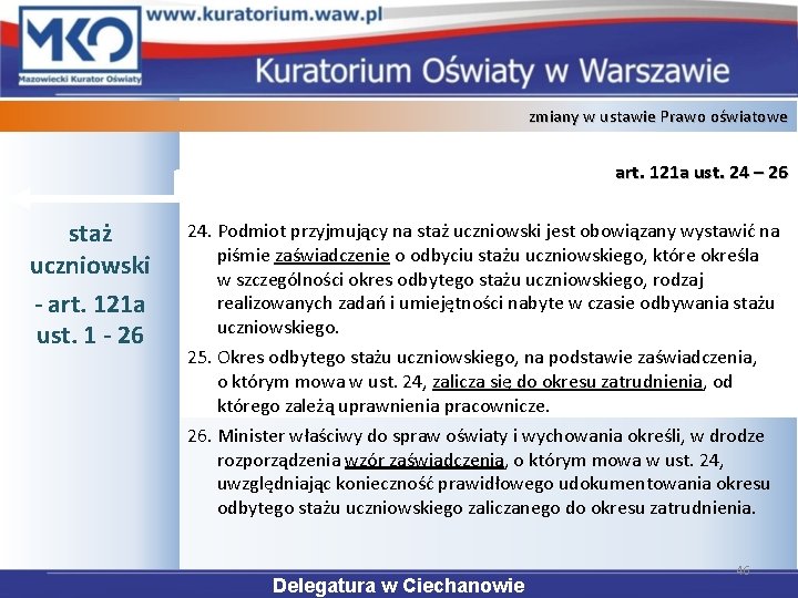 zmiany w ustawie Prawo oświatowe art. 121 a ust. 24 – 26 staż uczniowski