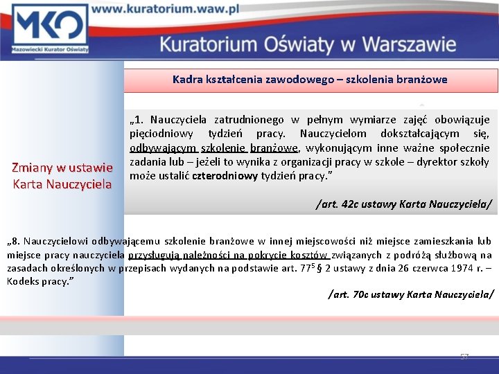 Kadra kształcenia zawodowego – szkolenia branżowe Zmiany w ustawie Karta Nauczyciela „ 1. Nauczyciela