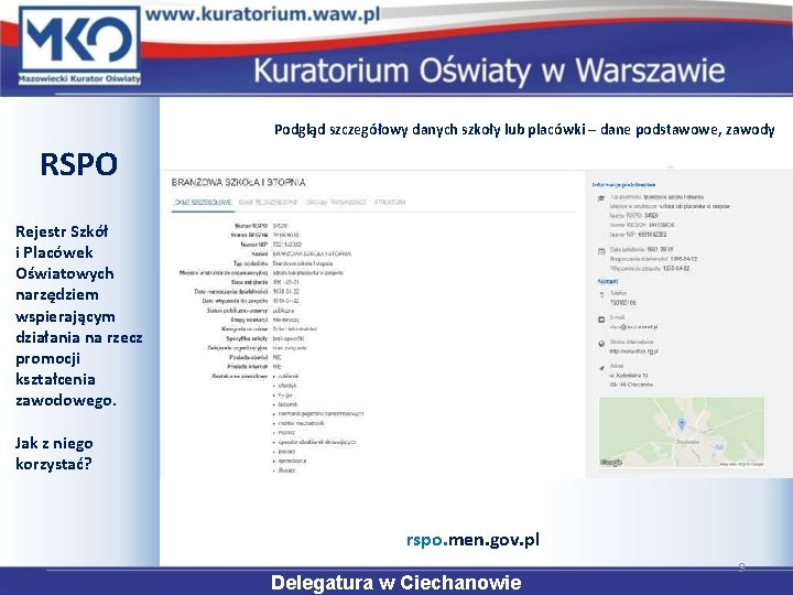 Podgląd szczegółowy danych szkoły lub placówki – dane podstawowe, zawody RSPO Rejestr Szkół i