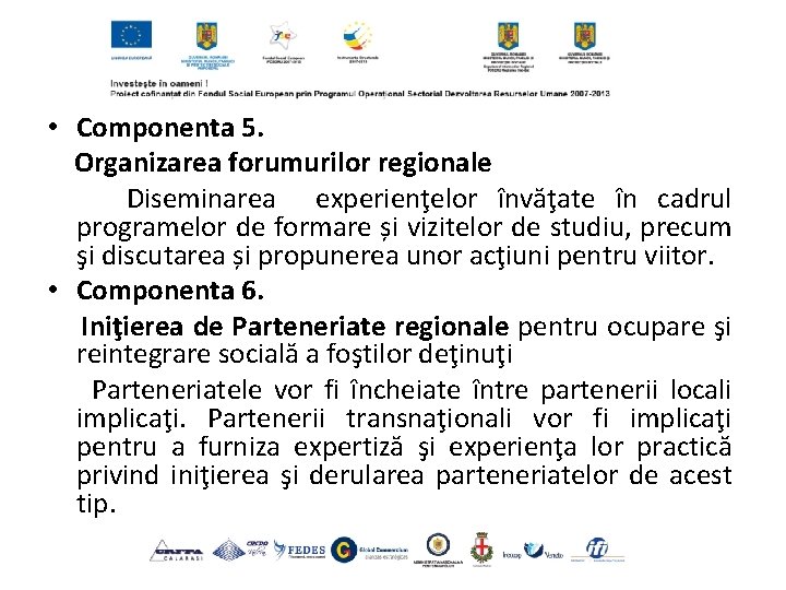  • Componenta 5. Organizarea forumurilor regionale Diseminarea experienţelor învăţate în cadrul programelor de