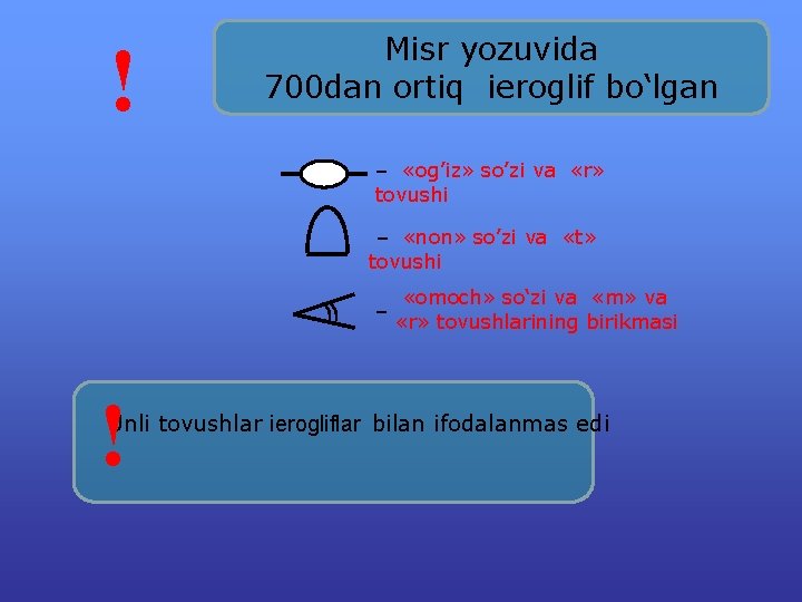 ! Мisr yozuvidа 700 dan оrtiq iеroglif bo‘lgan – «оg’iz» so’zi vа «r» tоvushi