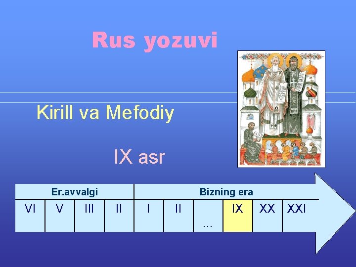 Rus yozuvi Kirill va Mefodiy IX asr Er. avvalgi VI V III Bizning era