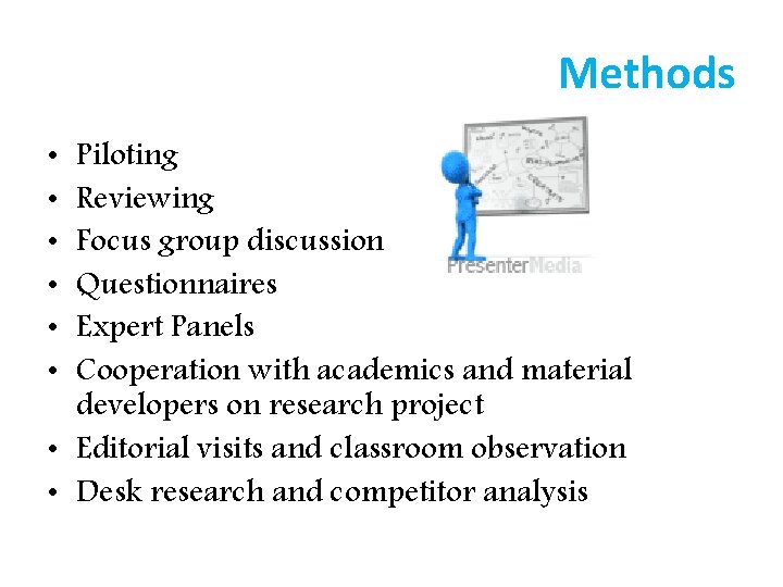 Methods Piloting Reviewing Focus group discussion Questionnaires Expert Panels Cooperation with academics and material