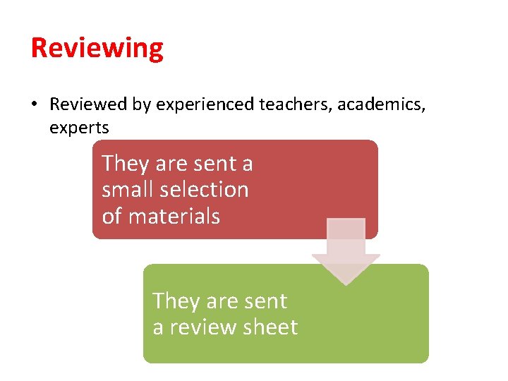 Reviewing • Reviewed by experienced teachers, academics, experts They are sent a small selection