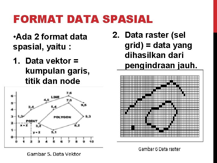 FORMAT DATA SPASIAL • Ada 2 format data spasial, yaitu : 1. Data vektor