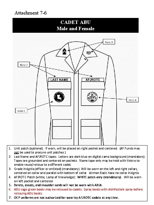 Attachment 7 -6 CADET ABU Male and Female 1. Unit patch (optional). If worn,