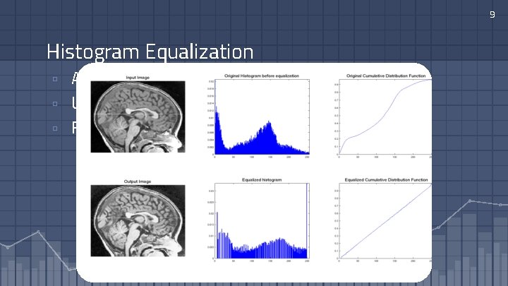 9 Histogram Equalization ▫ Adjusting intensities to enhance contrast ▫ Usually results in sharper