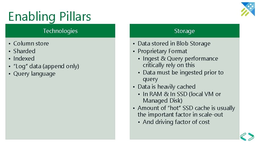 Enabling Pillars Technologies • • • Column store Sharded Indexed “Log” data (append only)