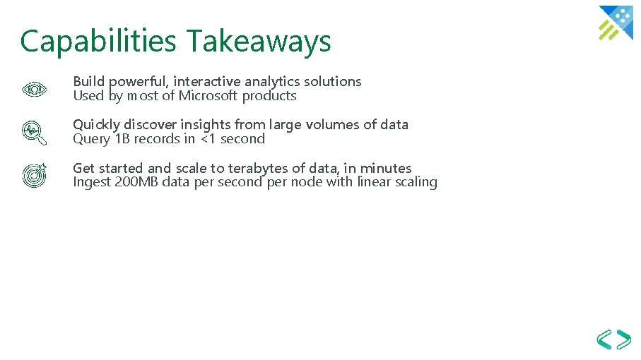 Capabilities Takeaways Build powerful, interactive analytics solutions Used by most of Microsoft products Quickly