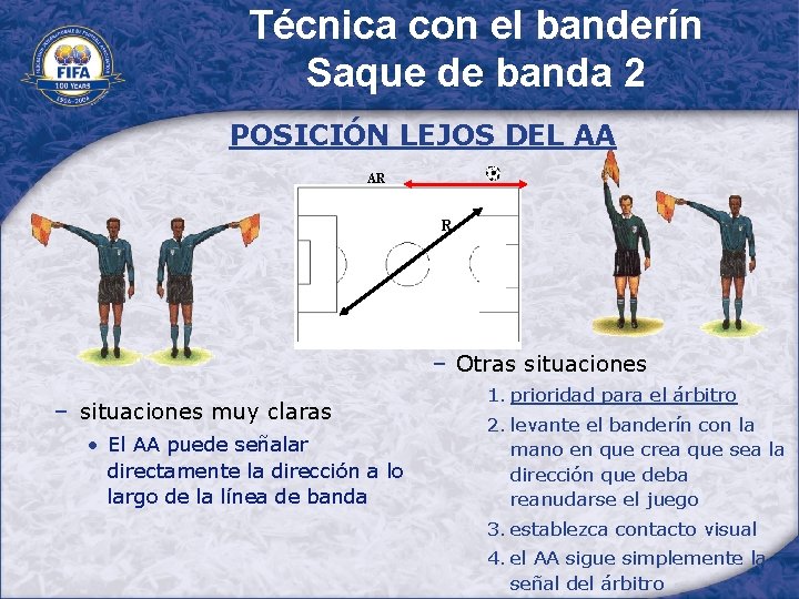 Técnica con el banderín Saque de banda 2 POSICIÓN LEJOS DEL AA AR R