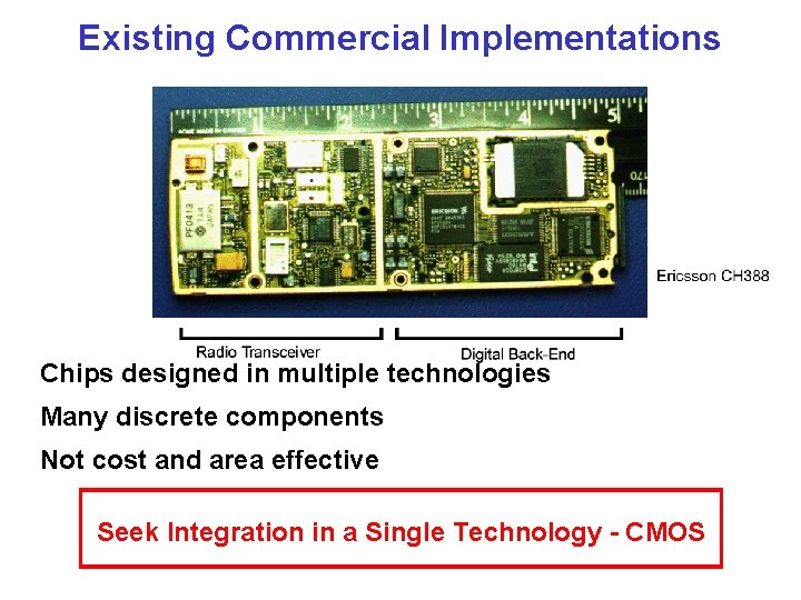 Existing Commercial Implementations Chips designed in multiple technologies Many discrete components Not cost and