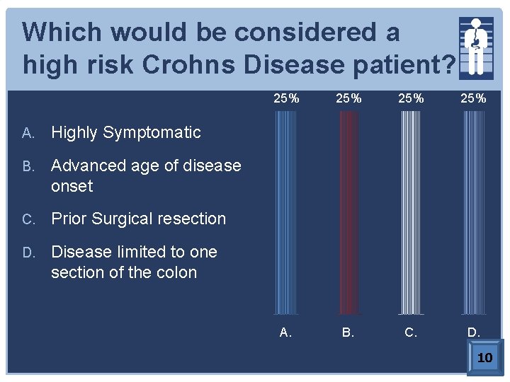 Which would be considered a high risk Crohns Disease patient? A. Highly Symptomatic B.