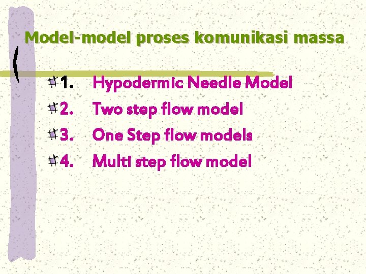 Model-model proses komunikasi massa 1. Hypodermic Needle Model 2. Two step flow model 3.