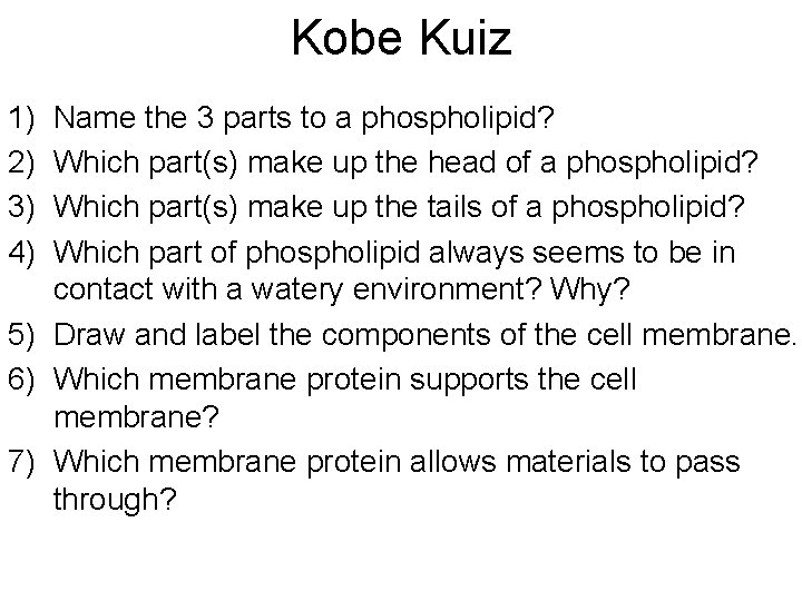 Kobe Kuiz 1) 2) 3) 4) Name the 3 parts to a phospholipid? Which