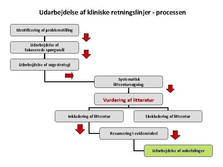 Udarbejdelse af kliniske retningslinjer - processen Identificering af problemstilling Udarbejdelse af fokuserede spørgsmål Udarbejdelse