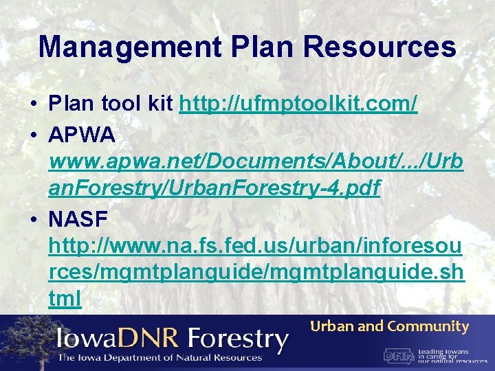 Management Plan Resources • Plan tool kit http: //ufmptoolkit. com/ • APWA www. apwa.