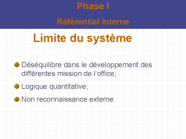 Phase I Référentiel interne Limite du système Déséquilibre dans le développement des différentes mission